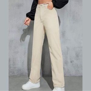 Shein High Waist Corduroy Beige Straight Leg Pants | Small (4)